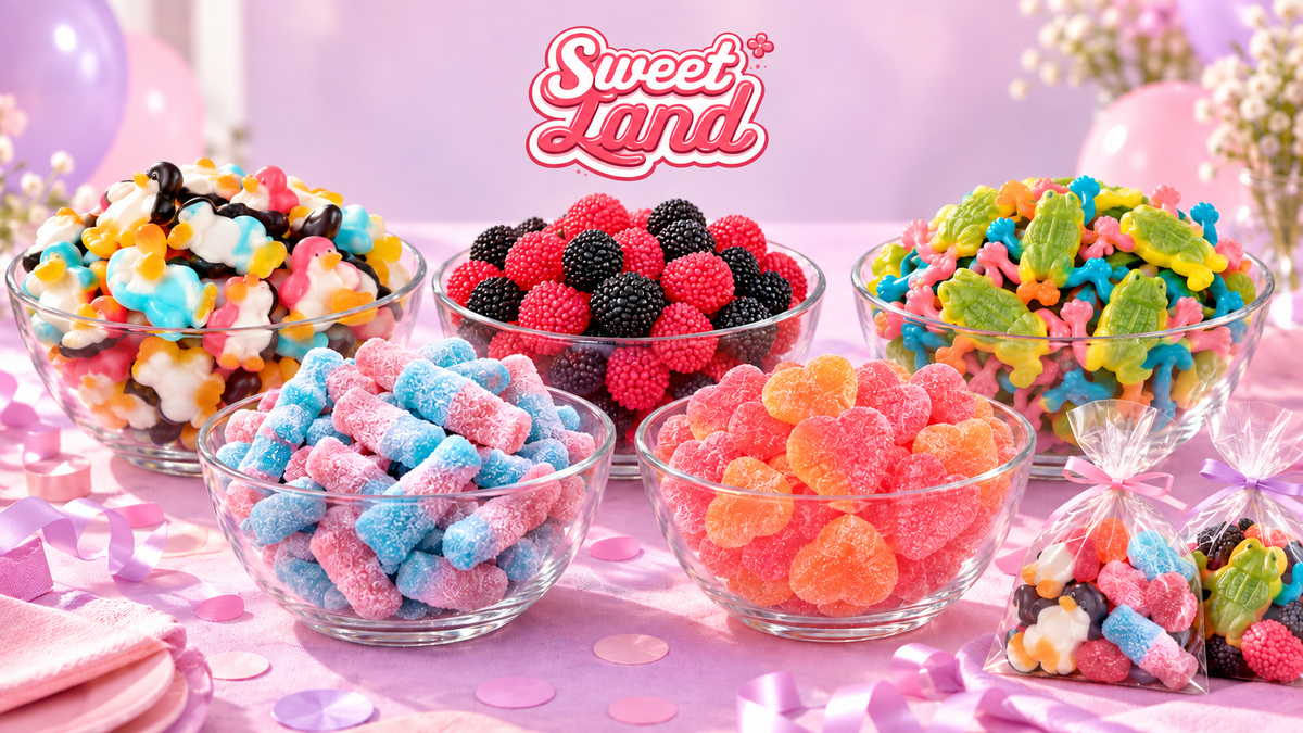 Candy bar d’anniversaire Sweet Land avec bonbons colorés en coupelles et sachets individuels