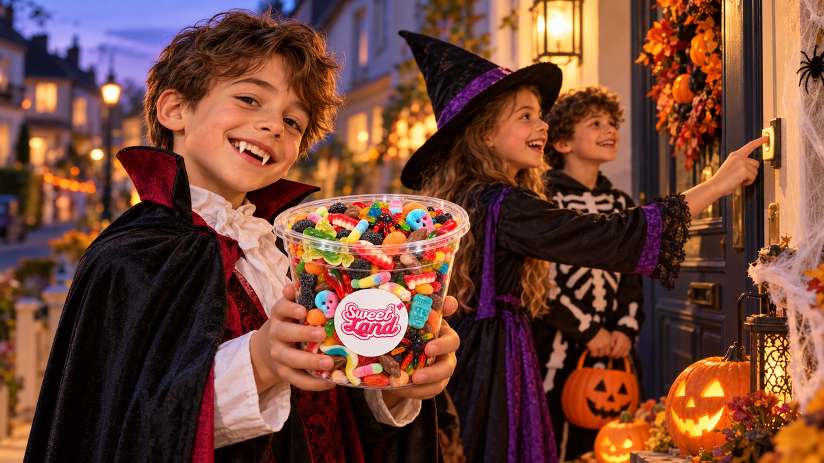 Enfants déguisés pour Halloween sonnant à une porte décorée, avec un pot de bonbons Sweet Land au premier plan