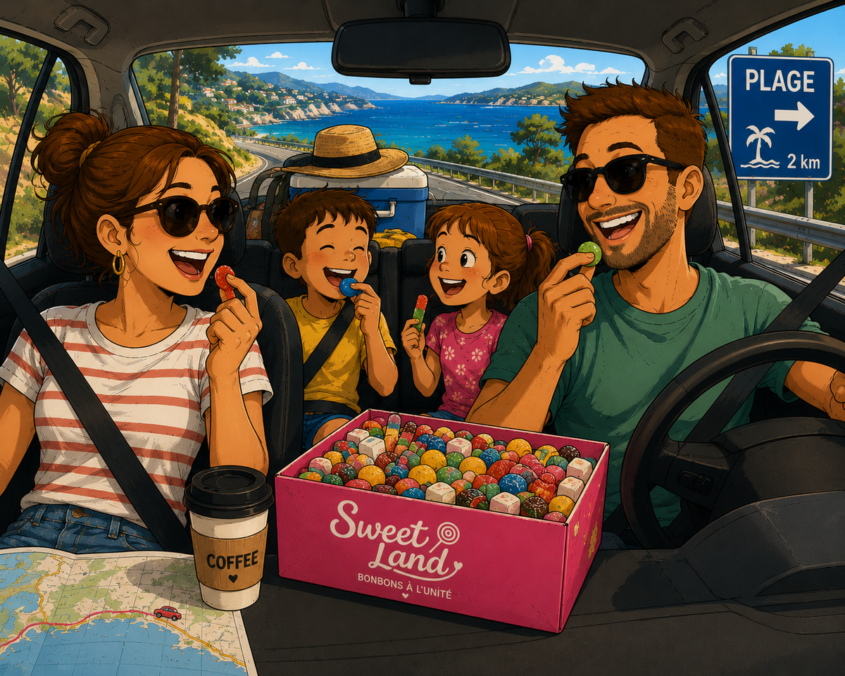 Assortiment de bonbons en vrac à emporter pour un trajet en vacances, sélection de confiseries Sweet Land