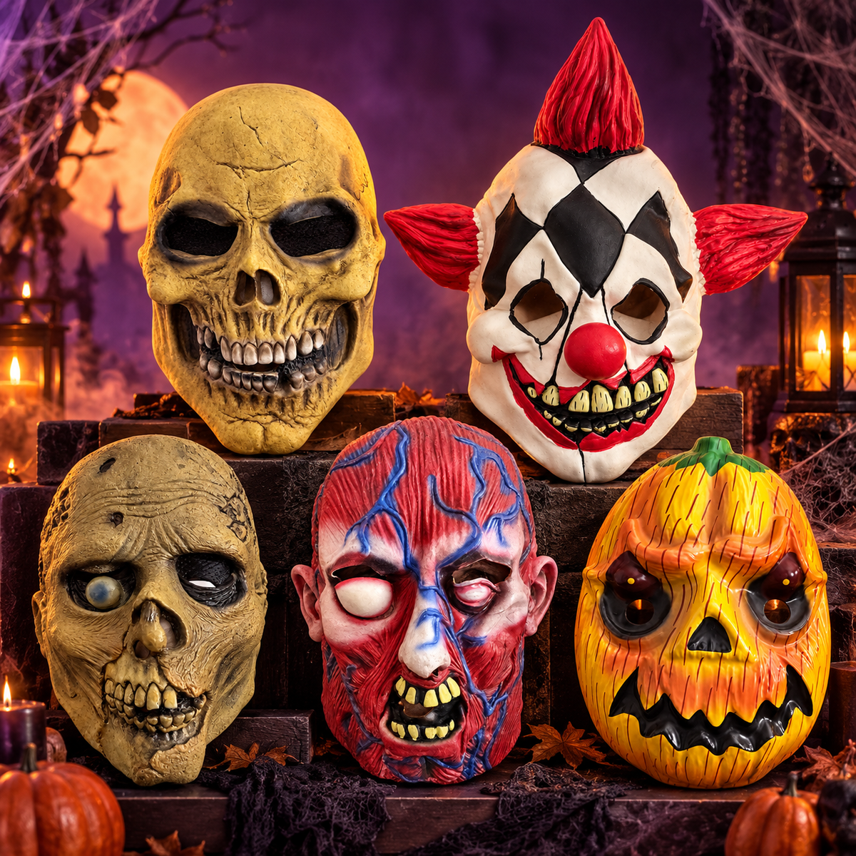 Cinq masques Halloween effrayants : crânes, zombie, clown et citrouille
