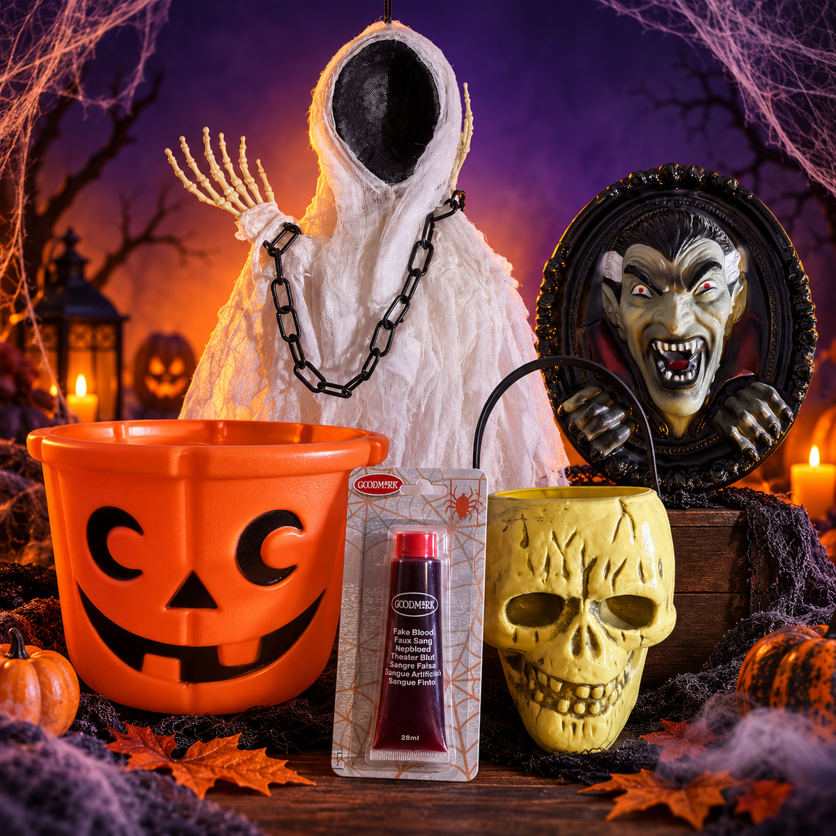 Accessoires Halloween avec fantôme décoratif, seaux, faux sang et vampire