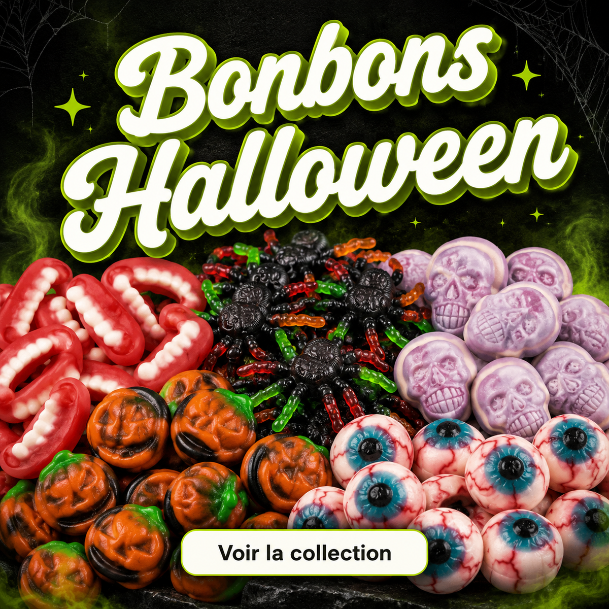 Assortiment de bonbons Halloween à l’unité sur fond noir et vert