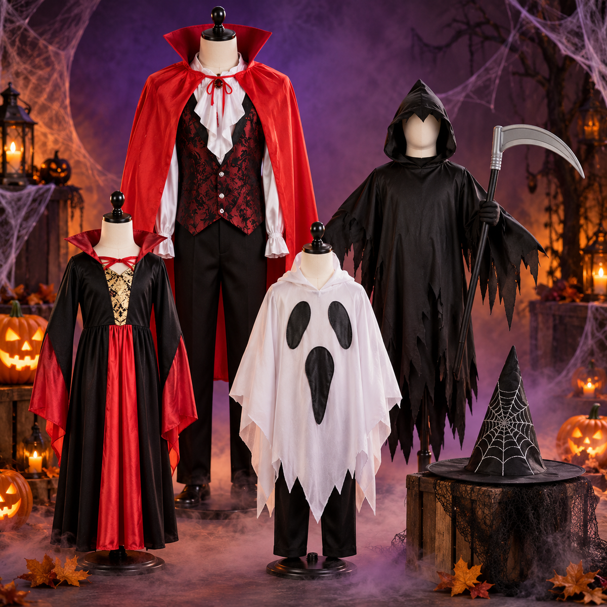 Déguisements Halloween avec vampires, fantôme, faucheur et chapeau de sorcière