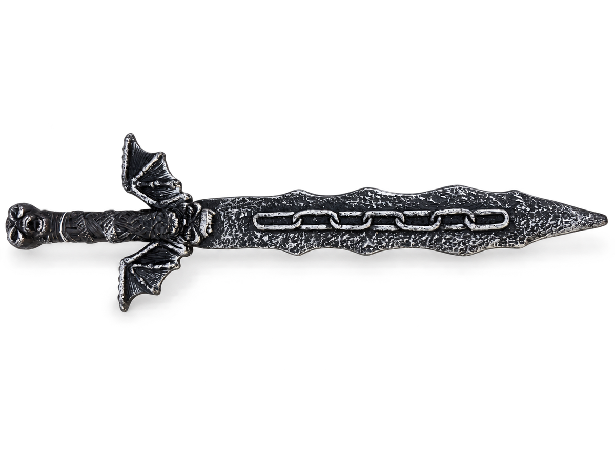 Épée de déguisement noire et argentée avec garde en forme d’ailes et motif de chaîne