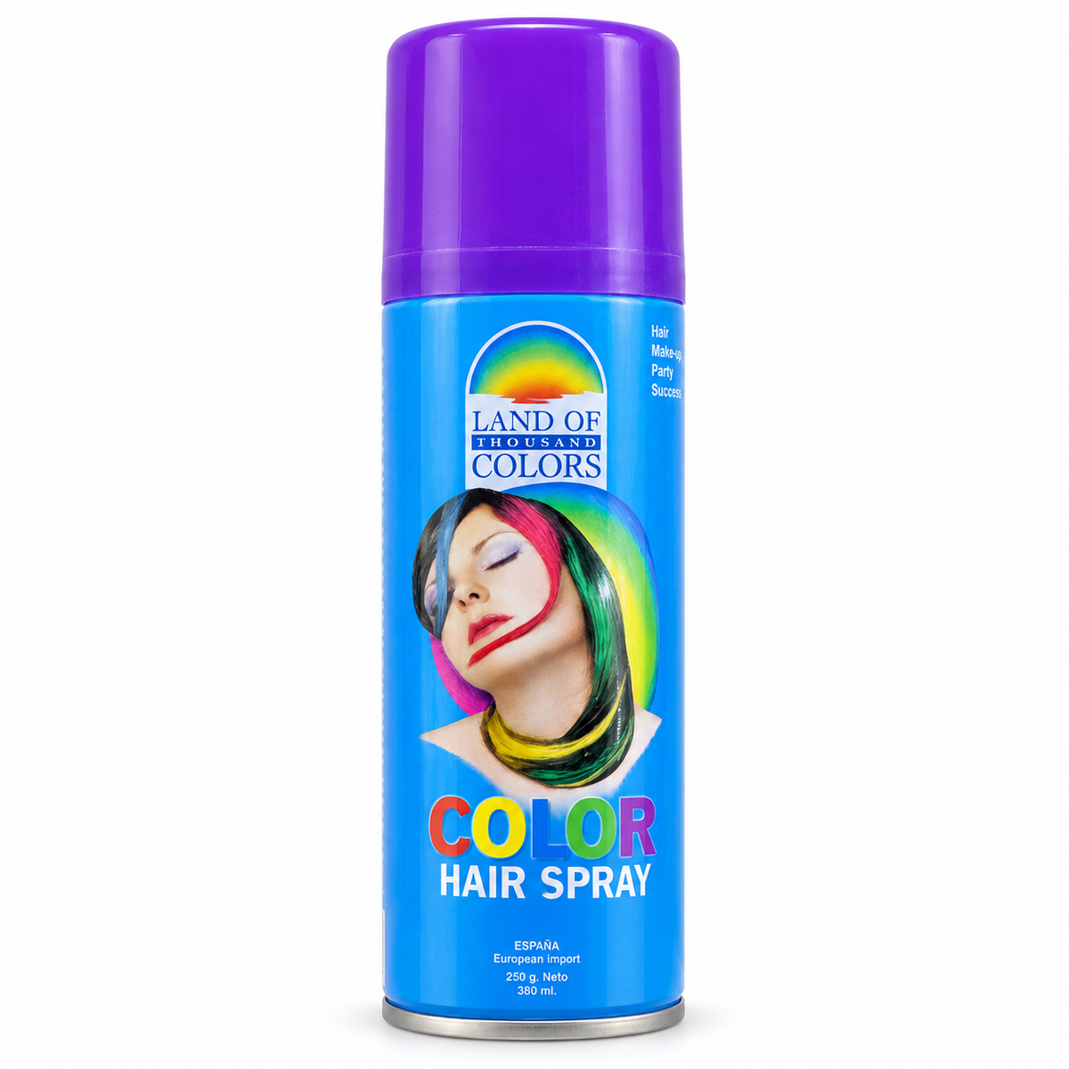 Bombe de spray colorant pour cheveux Land of Thousand Colors avec capuchon violet et étiquette bleue
