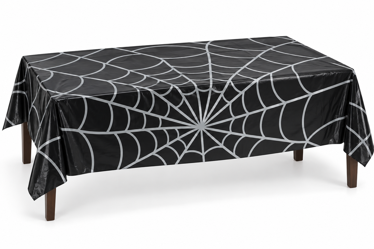 Nappe Halloween noire en plastique avec grand motif gris de toile d’araignée sur une table rectangulaire