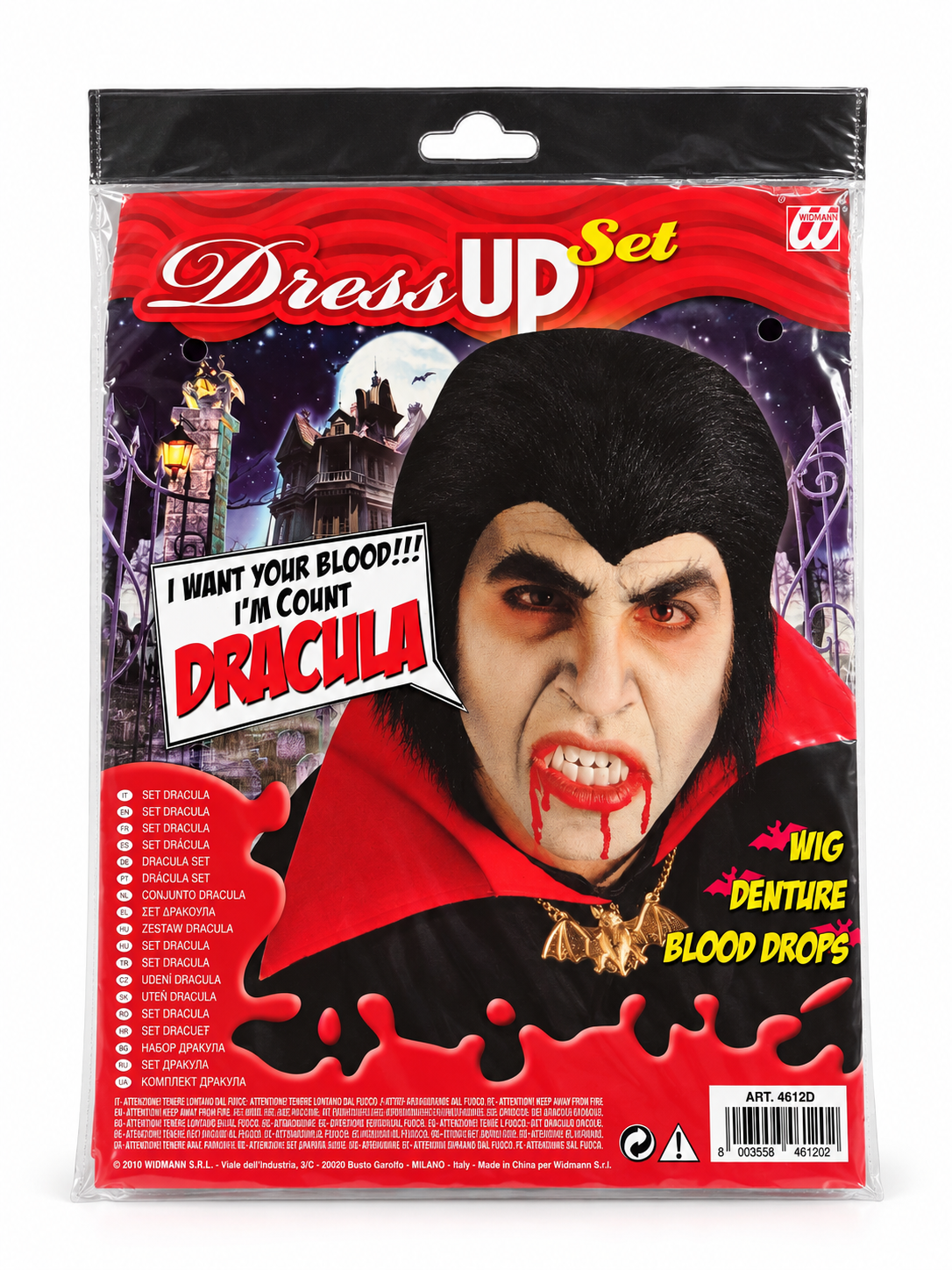 Kit de déguisement Dracula Widmann avec perruque noire, dentier de vampire et faux sang