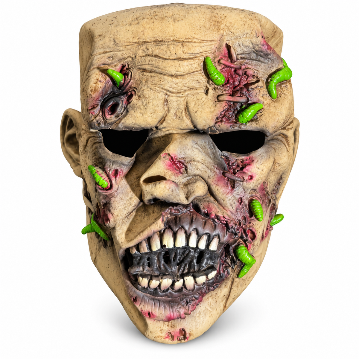 Masque de zombie beige avec dents apparentes et asticots verts décoratifs en relief