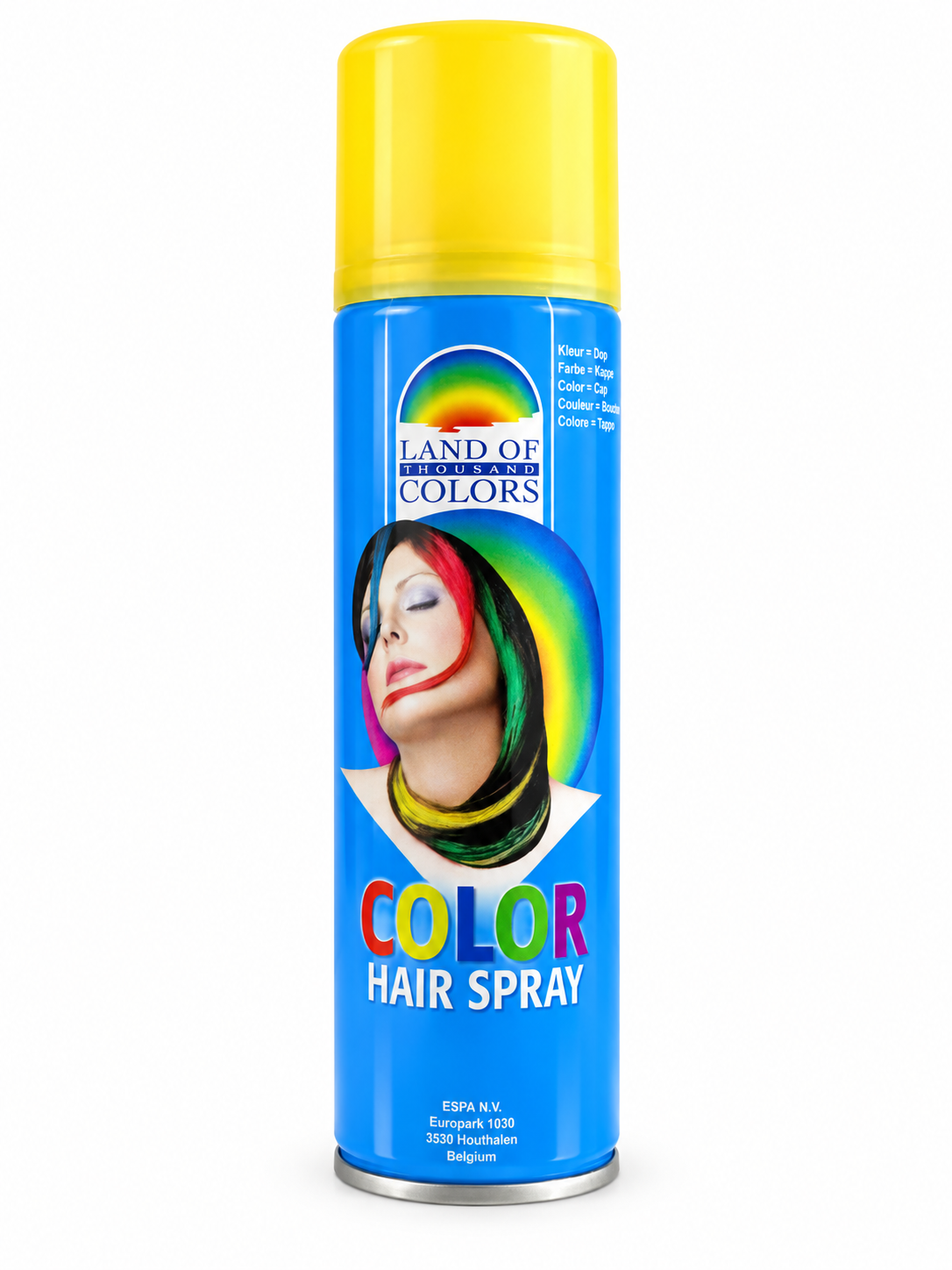 Spray colorant pour cheveux jaune Land of Thousand Colors sur fond blanc
