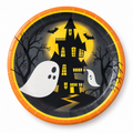 Assiette Halloween noire et orange décorée d’une maison hantée, de fantômes et de chauves-souris