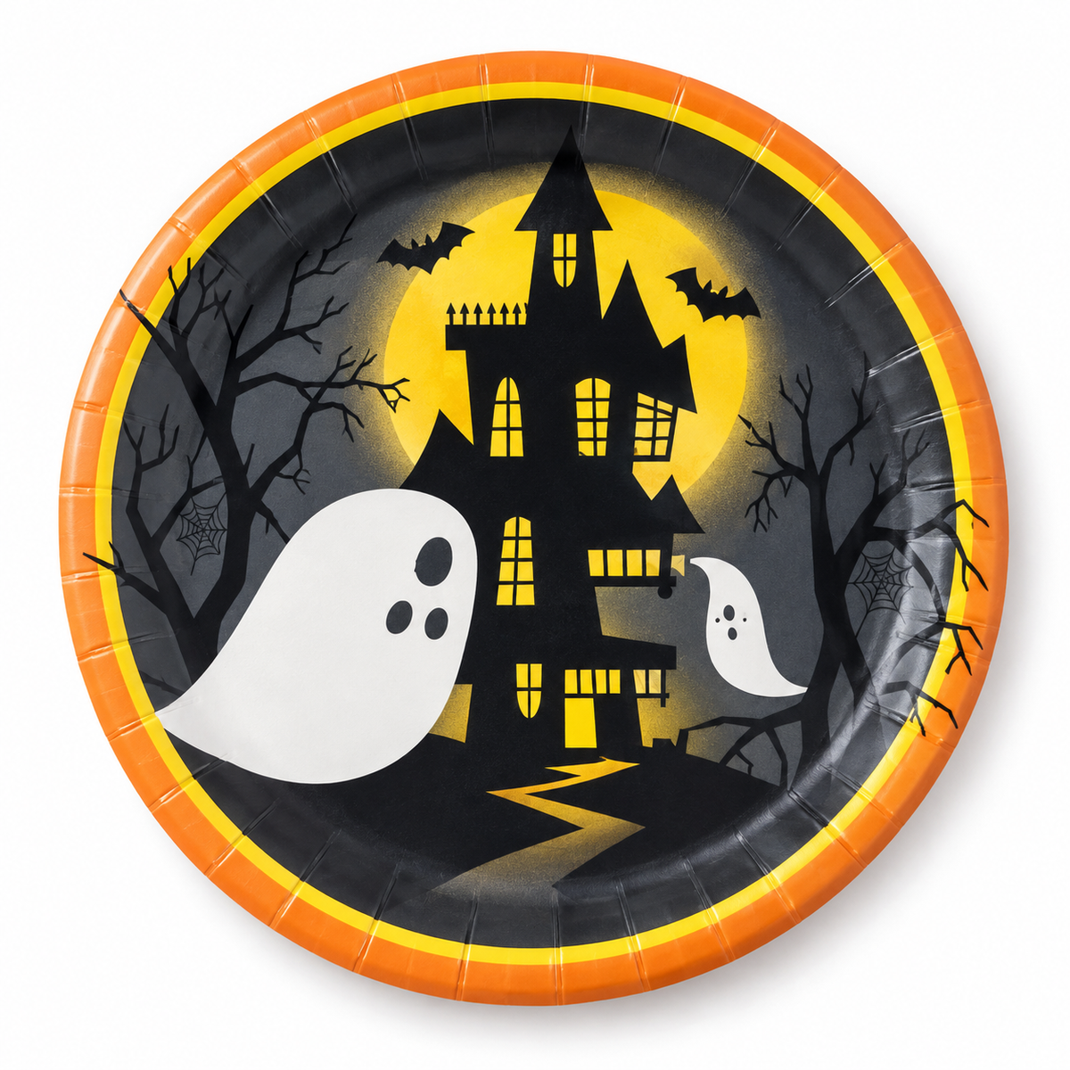 Assiette Halloween noire et orange décorée d’une maison hantée, de fantômes et de chauves-souris