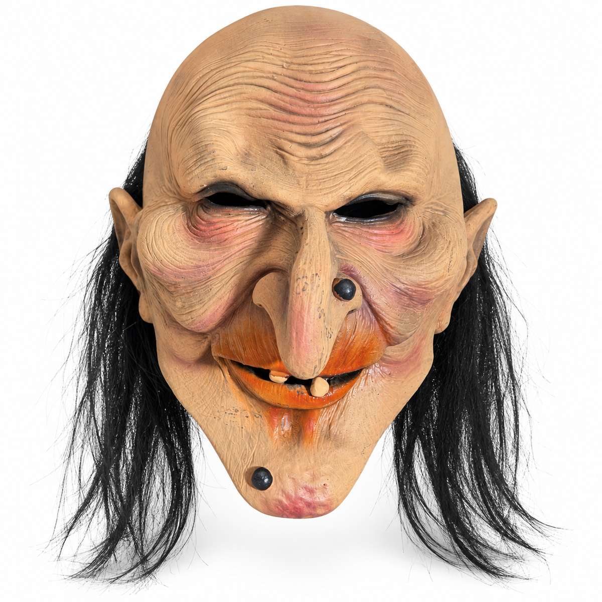Masque de vieux majordome au visage ridé avec nez crochu, verrues et longs cheveux noirs
