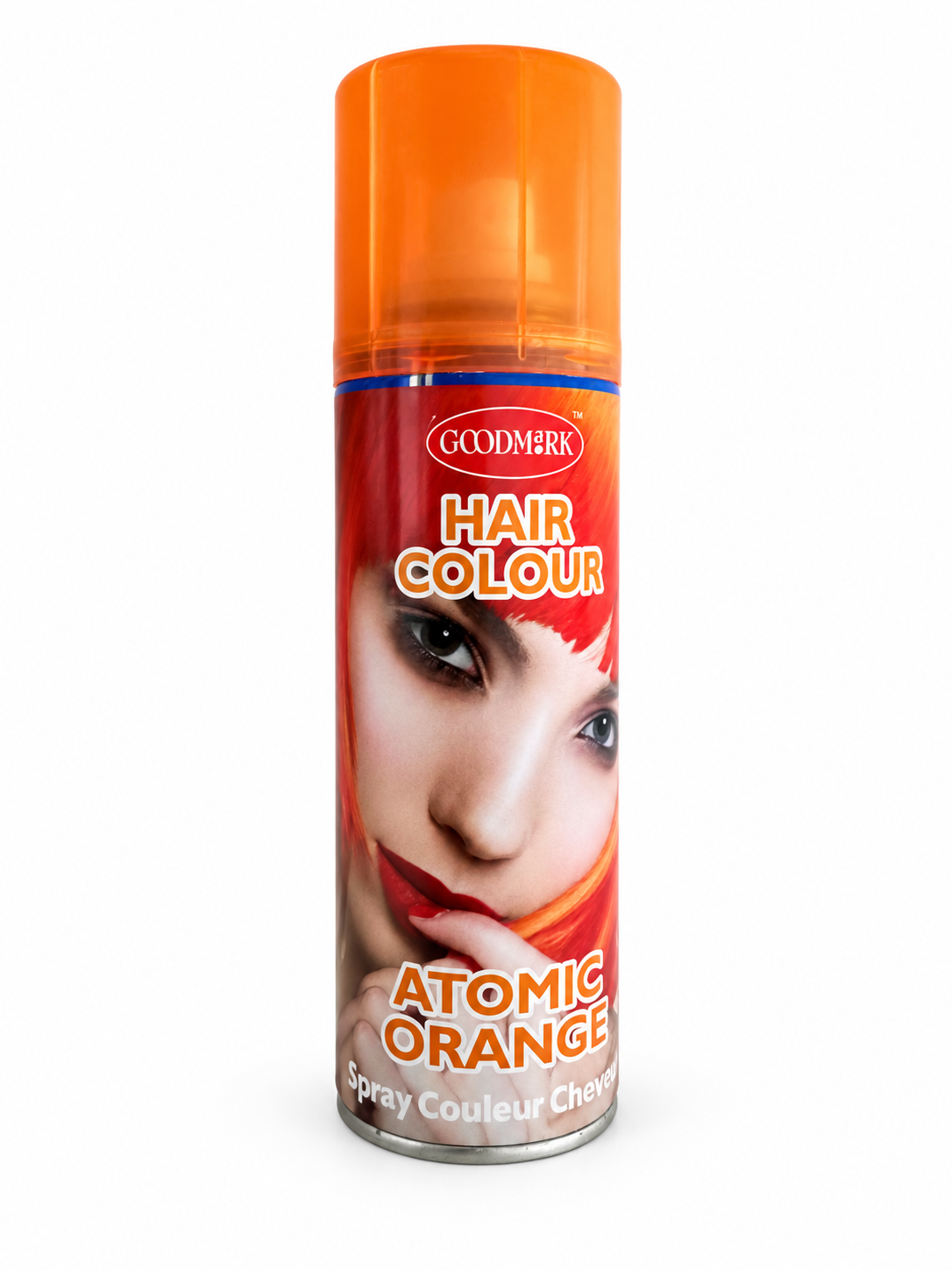 Spray colorant cheveux orange Atomic Orange Goodmark sur fond blanc