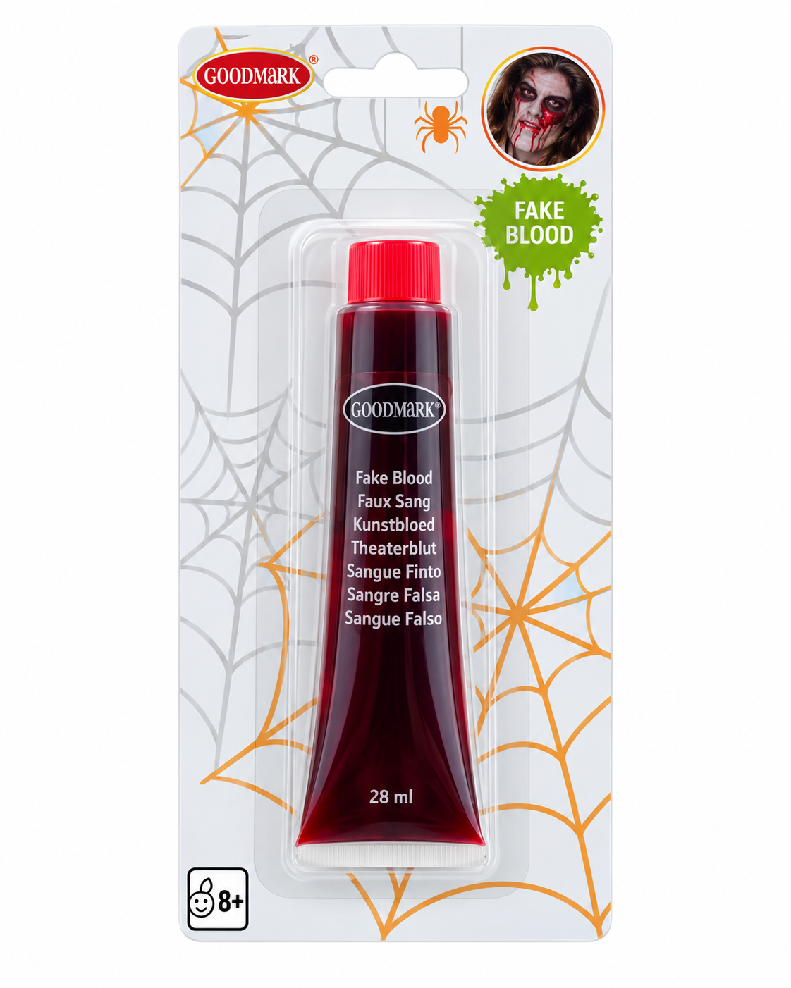 Tube de faux sang Halloween Goodmark 28 ml pour maquillage vampire et zombie, dans son emballage sur fond blanc.