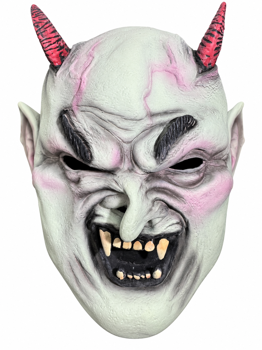 Masque de démon vert pâle avec deux cornes roses rayées de noir, oreilles pointues, long nez crochu et crocs irréguliers