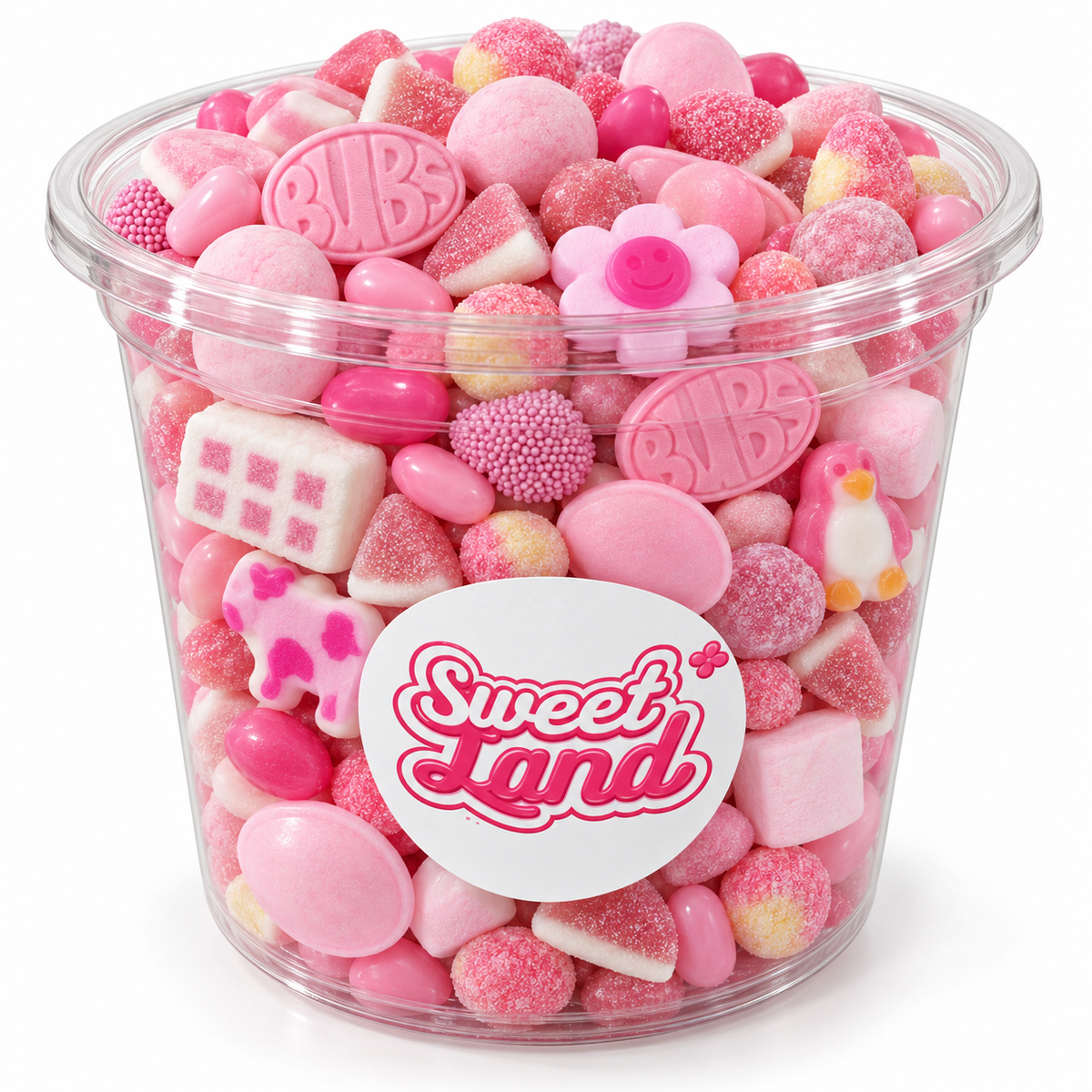 Pot transparent Sweet Land rempli de bonbons roses assortis avec fleurs, animaux, boules, cônes et briques de guimauve