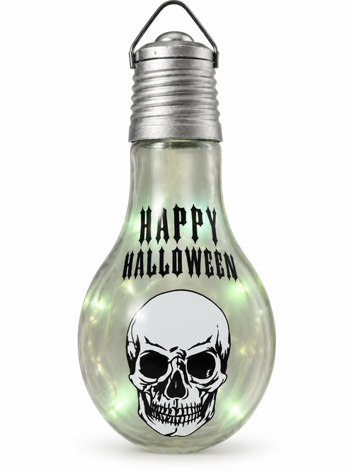 Ampoule décorative transparente lumineuse avec crâne et inscription Happy Halloween
