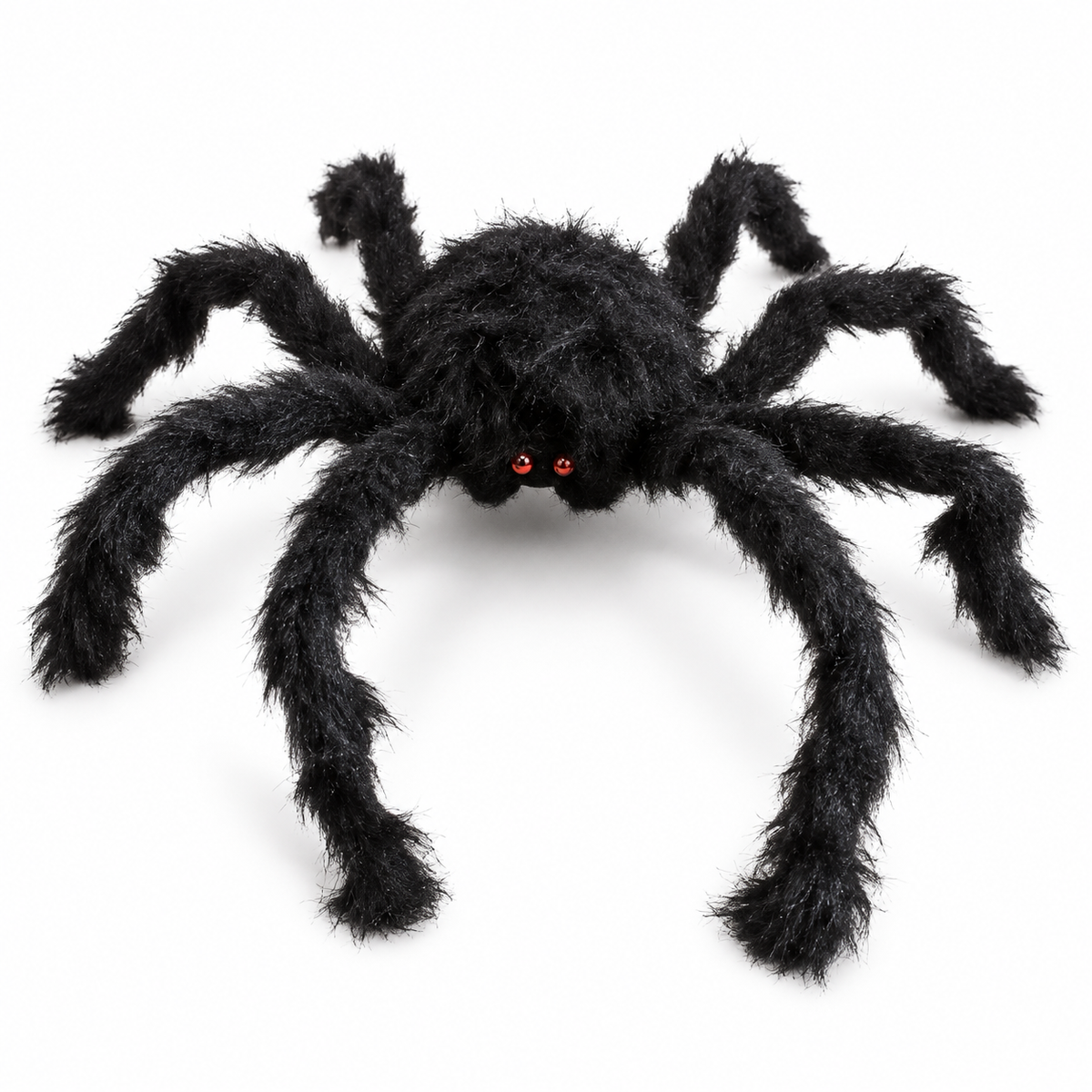 Grande araignée décorative noire et velue avec huit longues pattes et deux yeux rouges