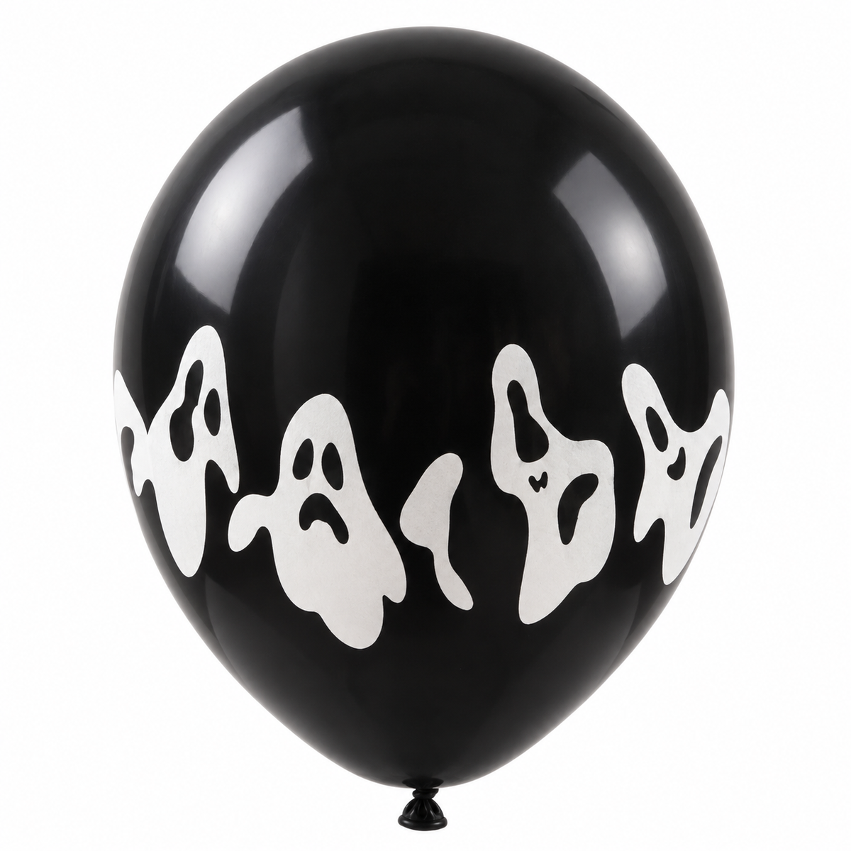 Ballon noir décoré de plusieurs fantômes blancs pour une fête d’Halloween