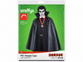 Cape de vampire noire Smiffys en PVC avec grand col relevé, présentée dans son emballage sur fond blanc.