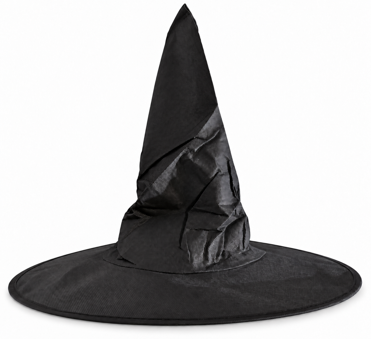 Chapeau de sorcière noir à haute pointe et large bord sur fond blanc