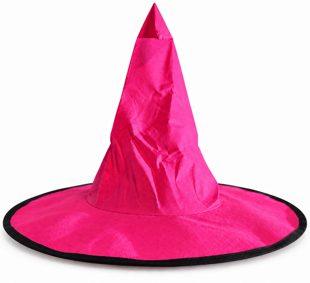 Chapeau de sorcière rose fuchsia à haute pointe et large bord avec liseré noir sur fond blanc