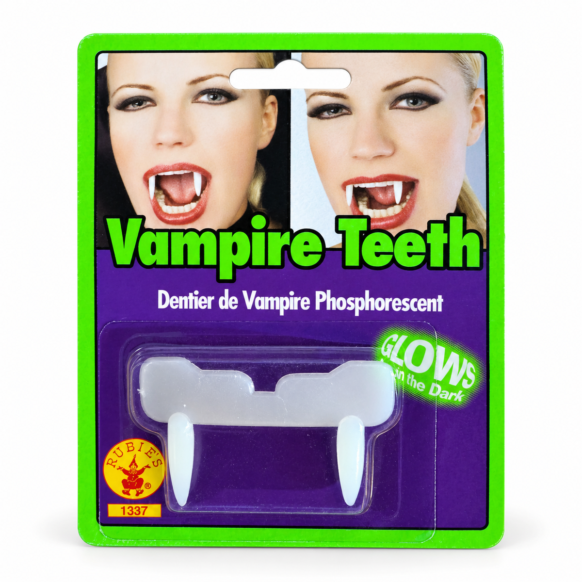 Dentier de vampire phosphorescent blanc dans son emballage Rubie’s