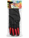 Gants noirs de sorcière avec longues griffes rouges pailletées pour déguisement Halloween