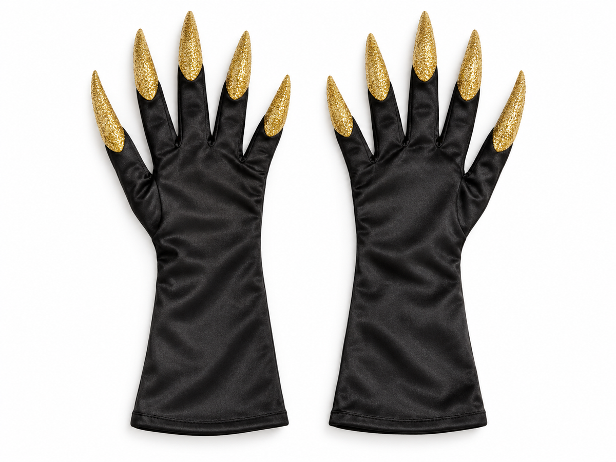 Longs gants noirs avec griffes dorées pailletées pour Halloween