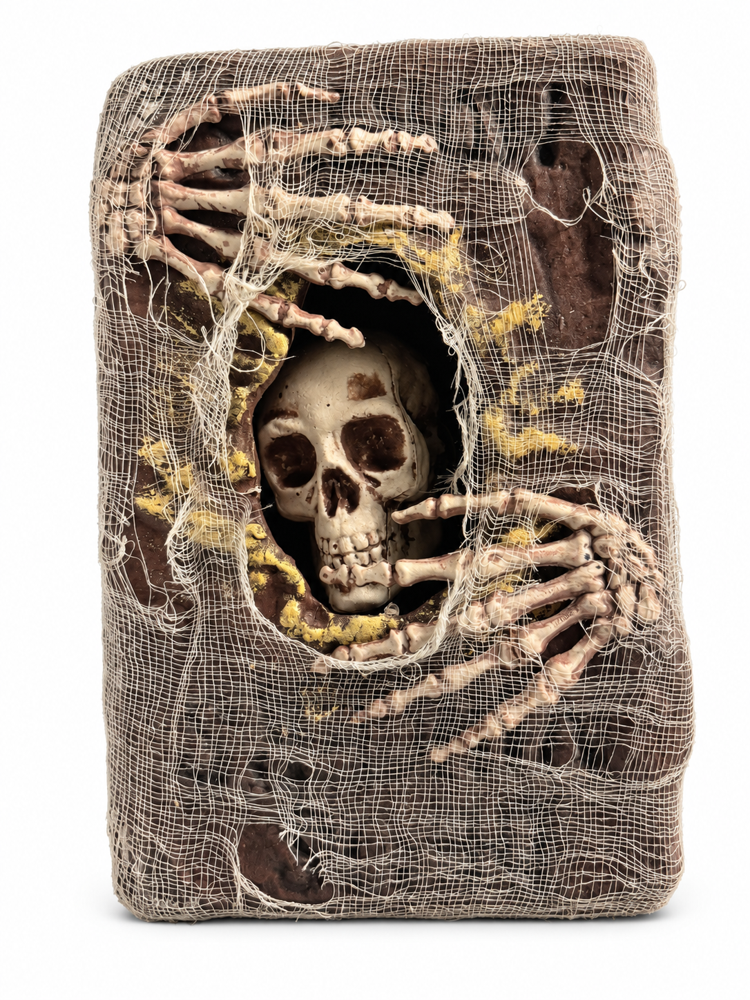 Livre décoratif lumineux d’Halloween avec crâne, mains squelettiques, ossements et gaze vieillie
