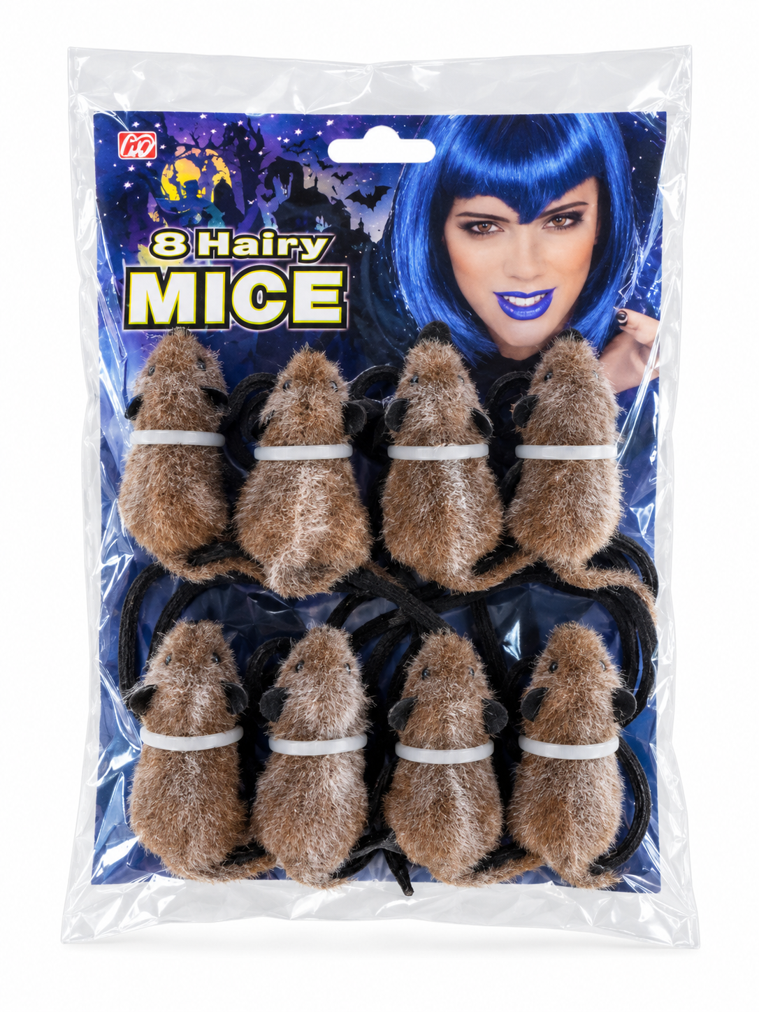 Sachet de 8 fausses souris poilues marron pour décoration Halloween sur fond blanc