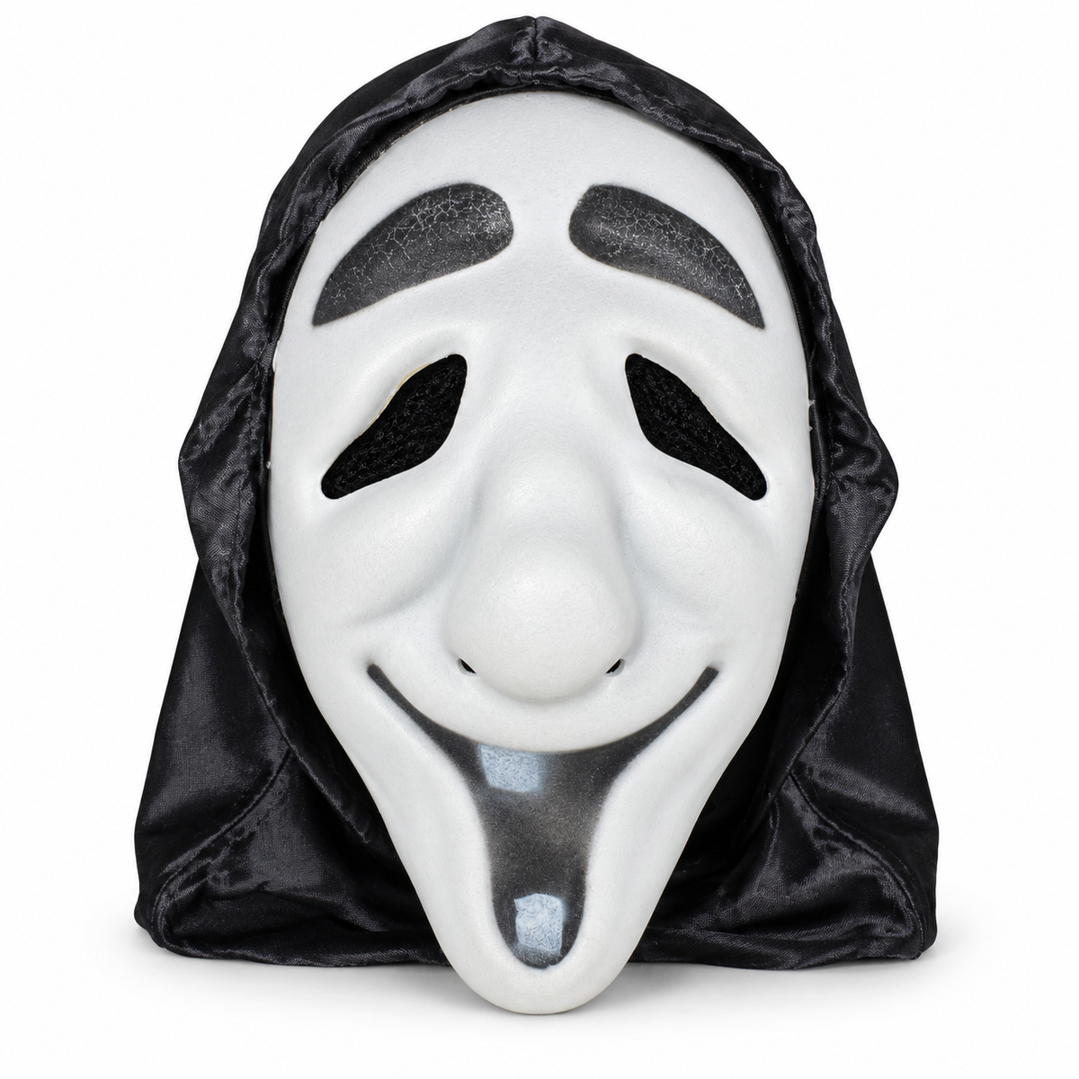 Masque blanc souriant avec traits noirs et cagoule noire sur fond blanc