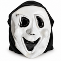 Masque blanc au large sourire noir avec grandes ouvertures pour les yeux et capuche noire