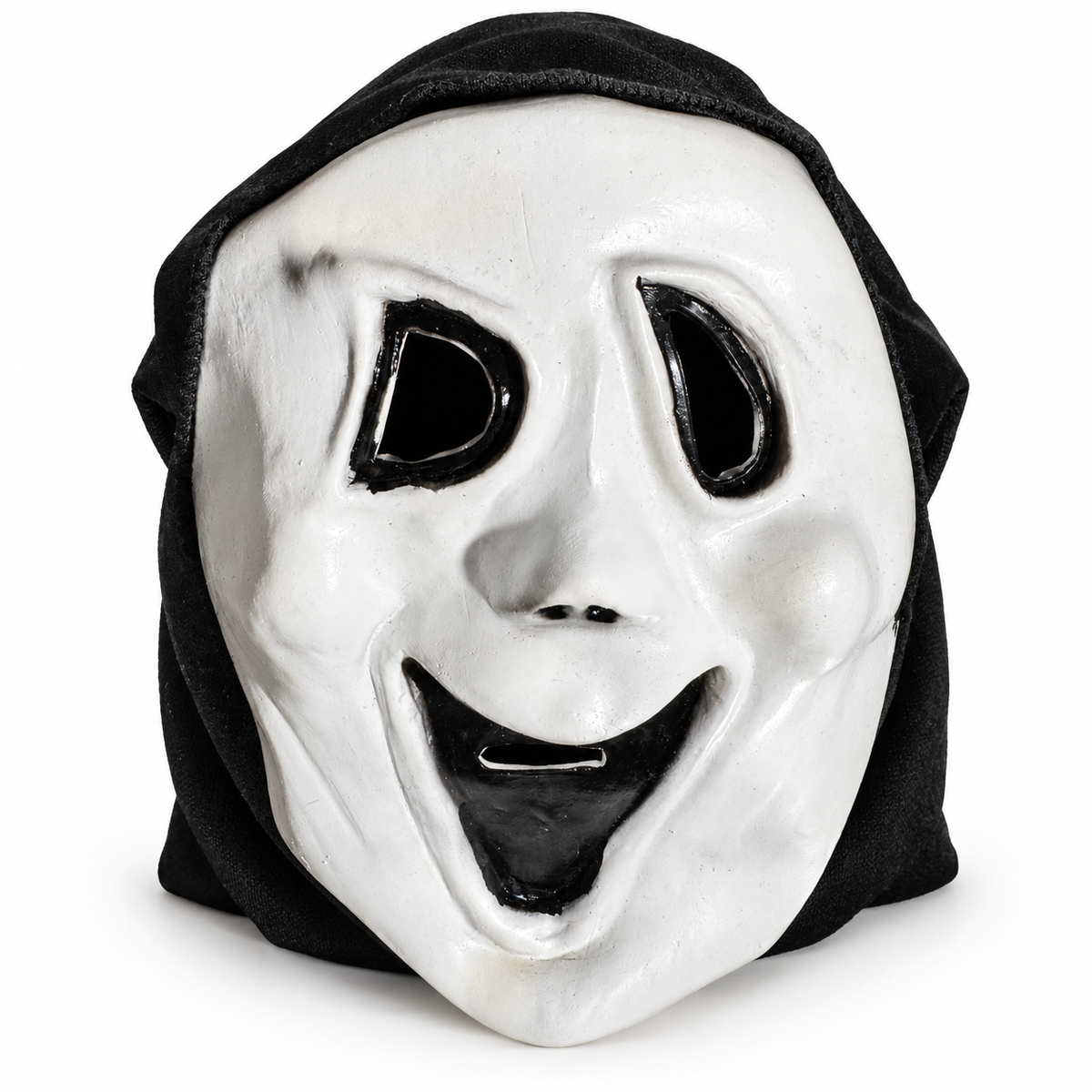Masque blanc au large sourire noir avec grandes ouvertures pour les yeux et capuche noire