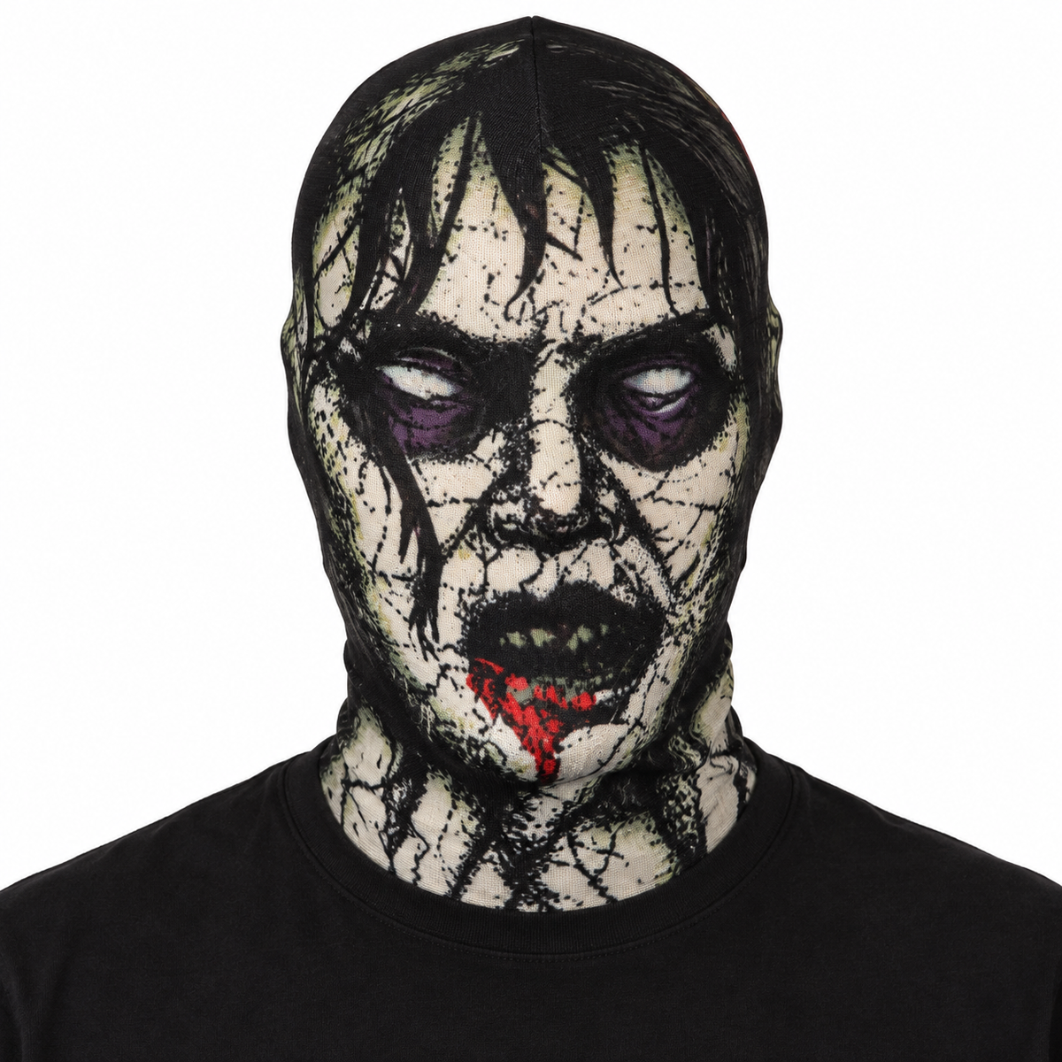 Masque cagoule zombie Widmann en tissu imprimé avec visage craquelé noir et blanc pour Halloween