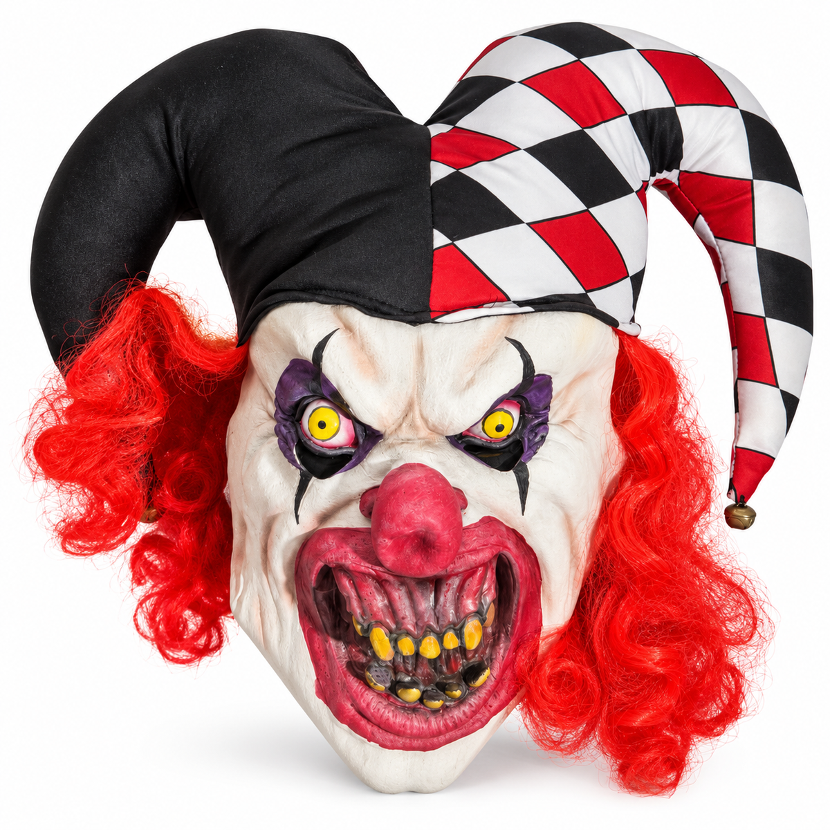 Masque de clown bouffon blanc avec cheveux rouges, yeux jaunes et bonnet noir, blanc et rouge sur fond blanc