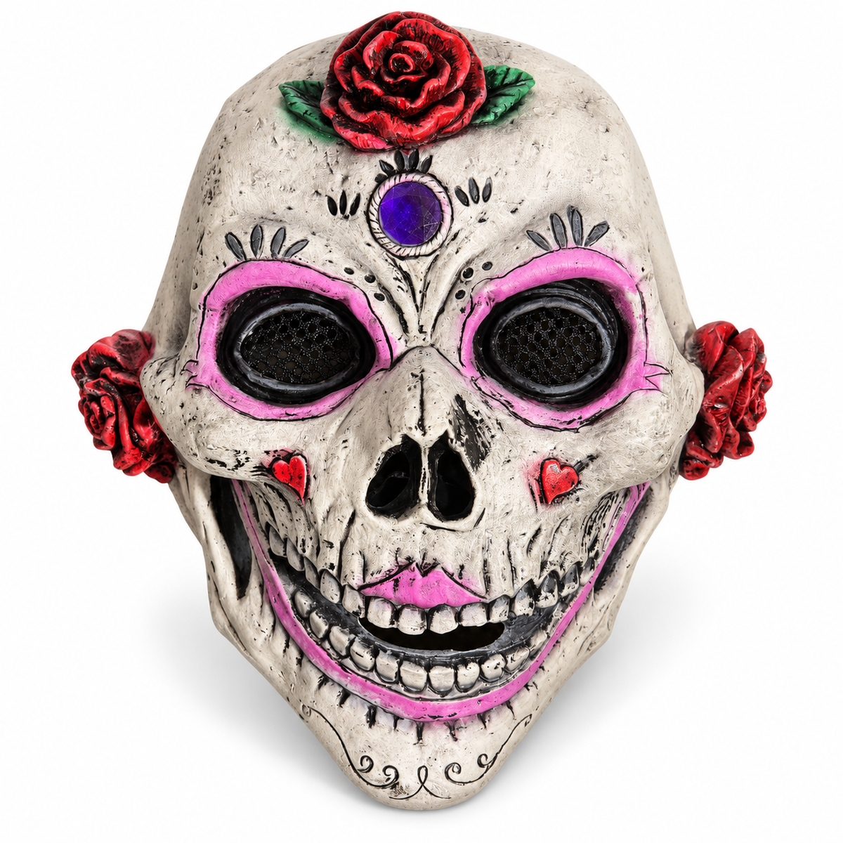 Masque crâne mexicain blanc décoré de roses rouges, de motifs roses et d’une pierre violette