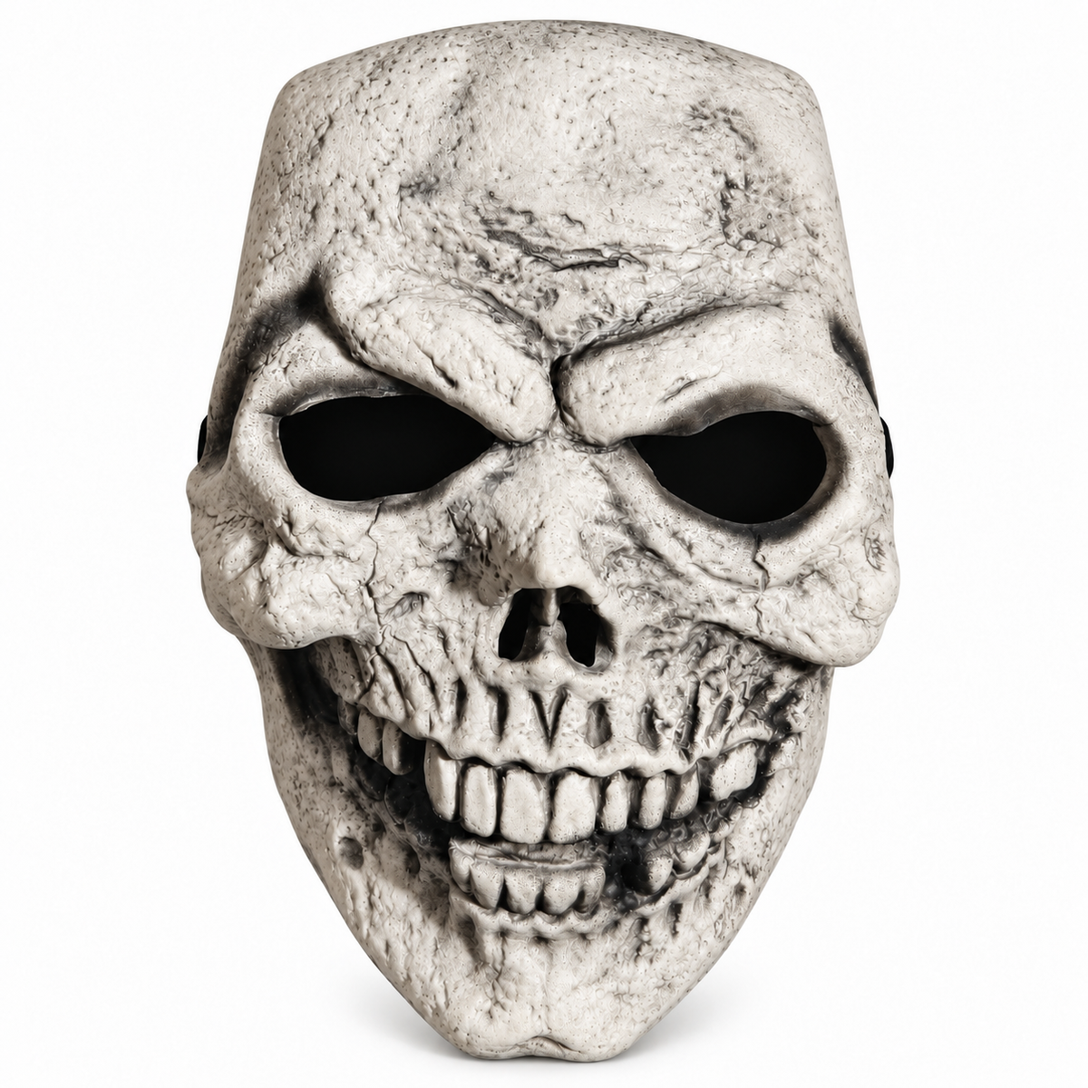 Masque crâne squelette réaliste blanc-gris avec fissures et effet os vieilli sur fond blanc