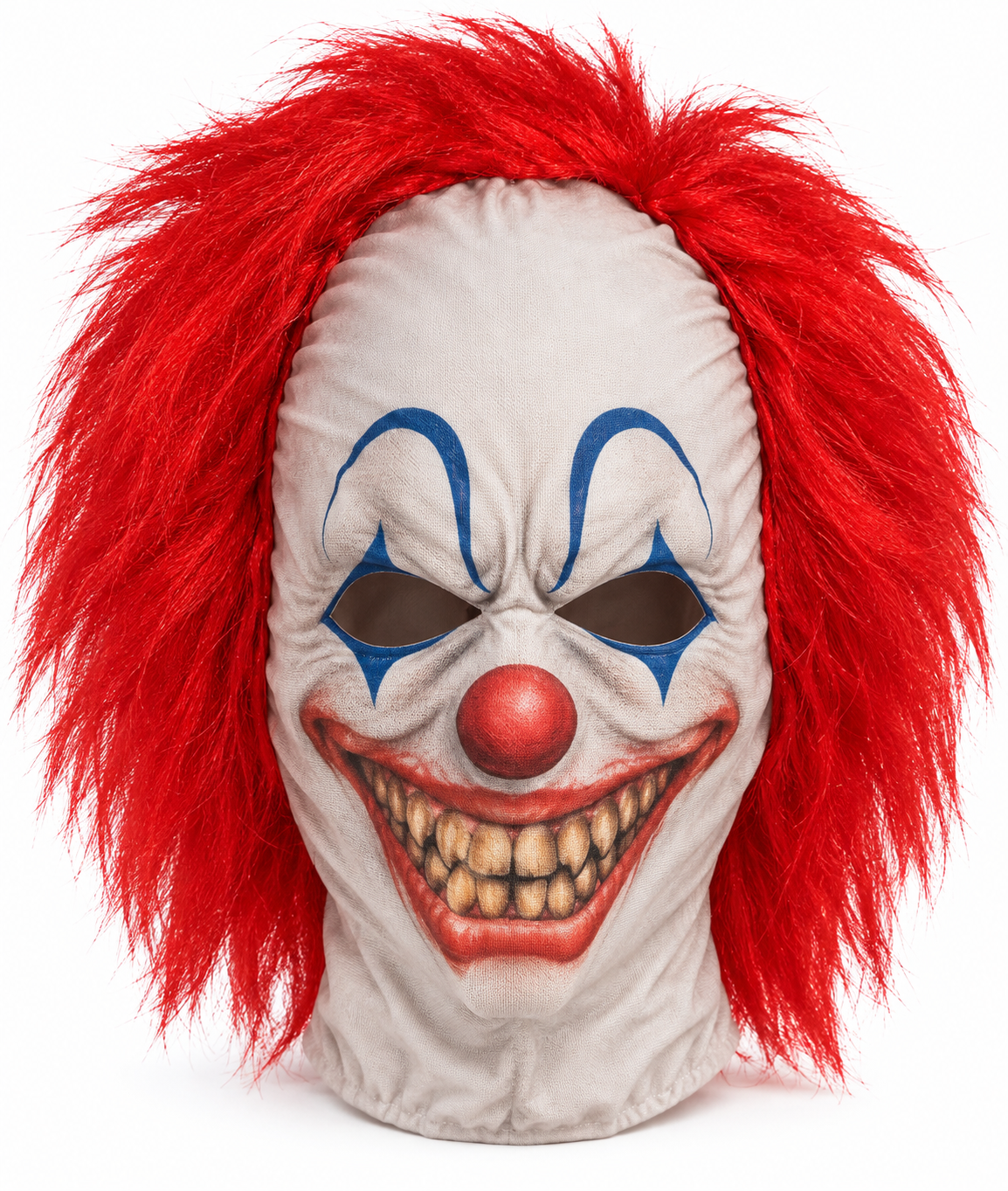 Masque intégral de clown effrayant avec grandes dents et perruque rouge sur fond blanc