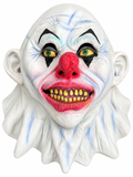 Masque de clown monstrueux blanc avec nez rouge, yeux jaunes et verts, dents jaunes irrégulières et grande collerette