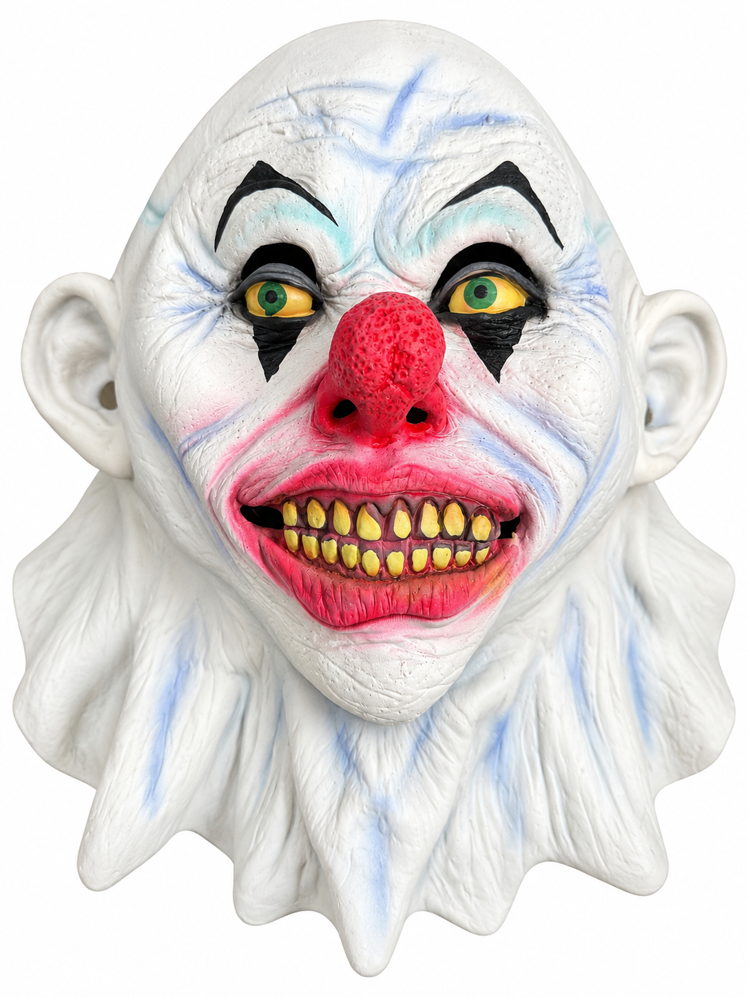 Masque de clown monstrueux blanc avec nez rouge, yeux jaunes et verts, dents jaunes irrégulières et grande collerette