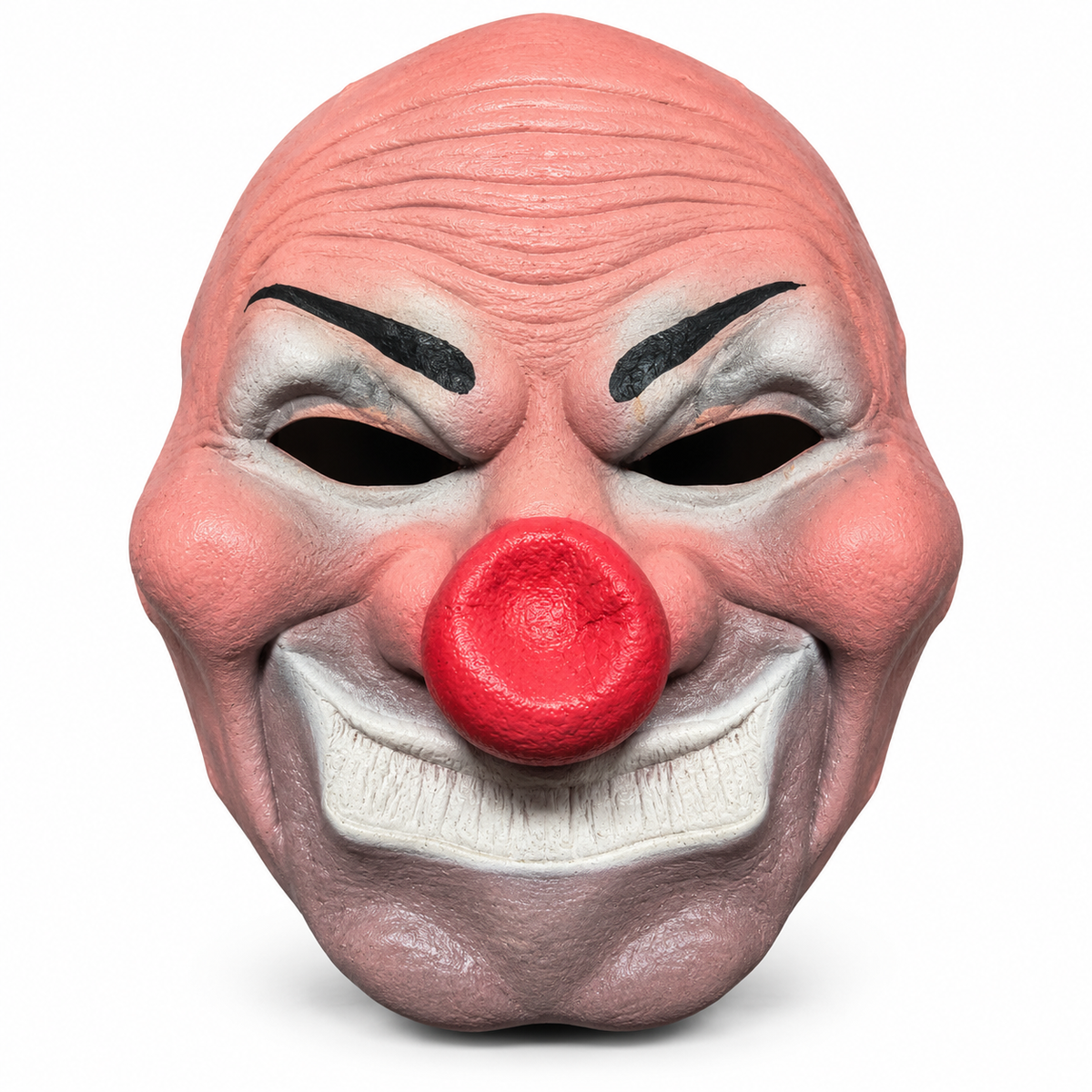 Masque de clown rose chauve avec grand nez rouge et large sourire blanc sur fond blanc