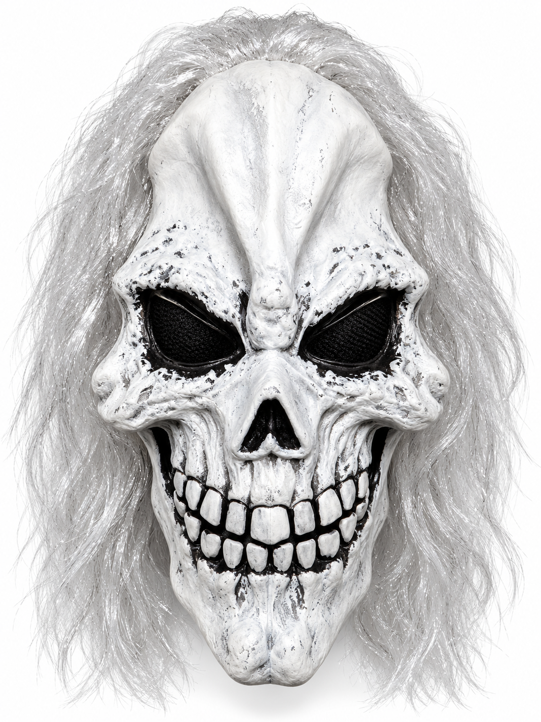 Masque de crâne blanc allongé avec orbites en filet noir, grande dentition et longs cheveux gris argenté