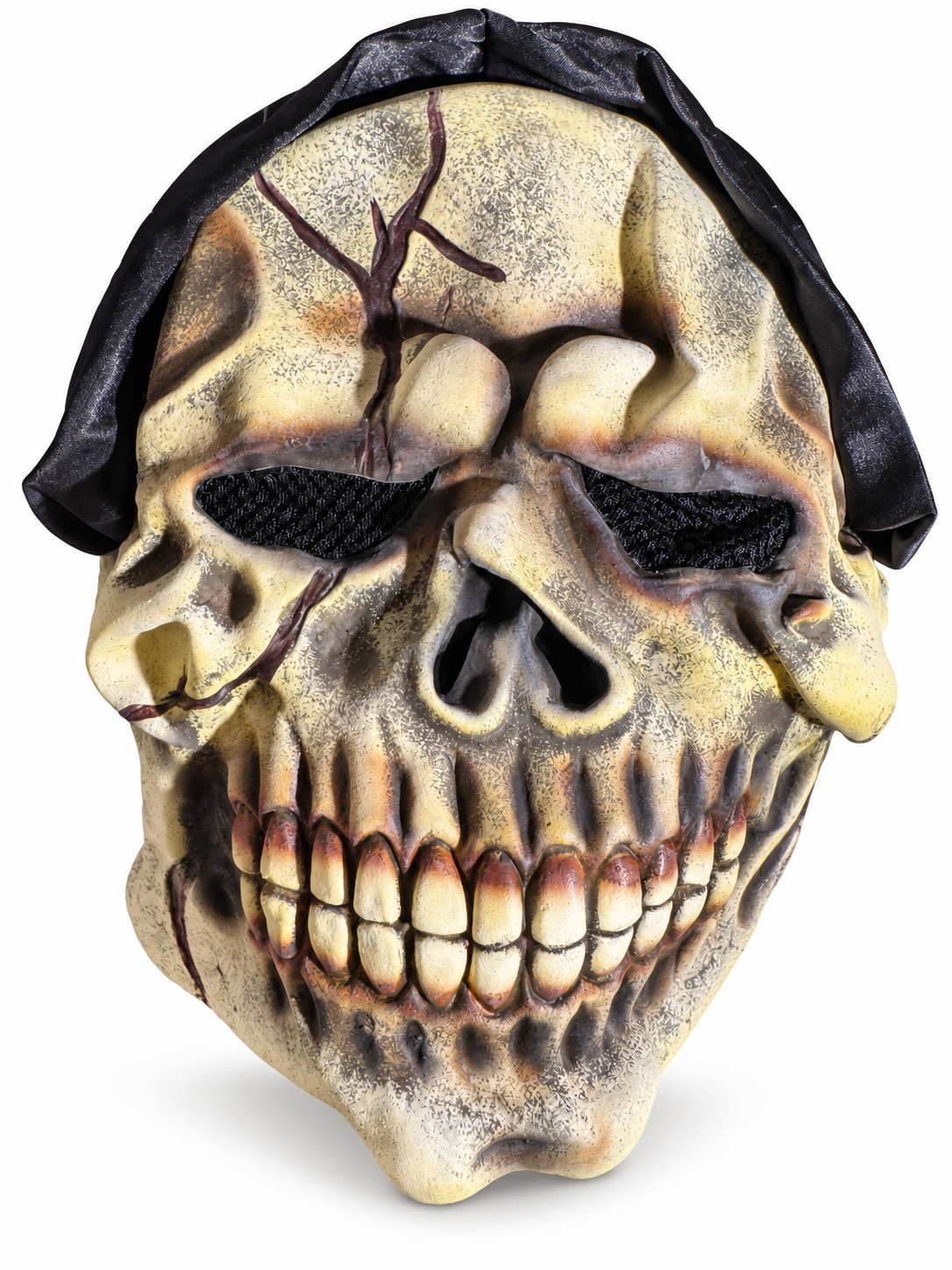 Masque de crâne beige vieilli avec dents apparentes, fissures décoratives, filet noir aux yeux et capuche noire sur fond blanc