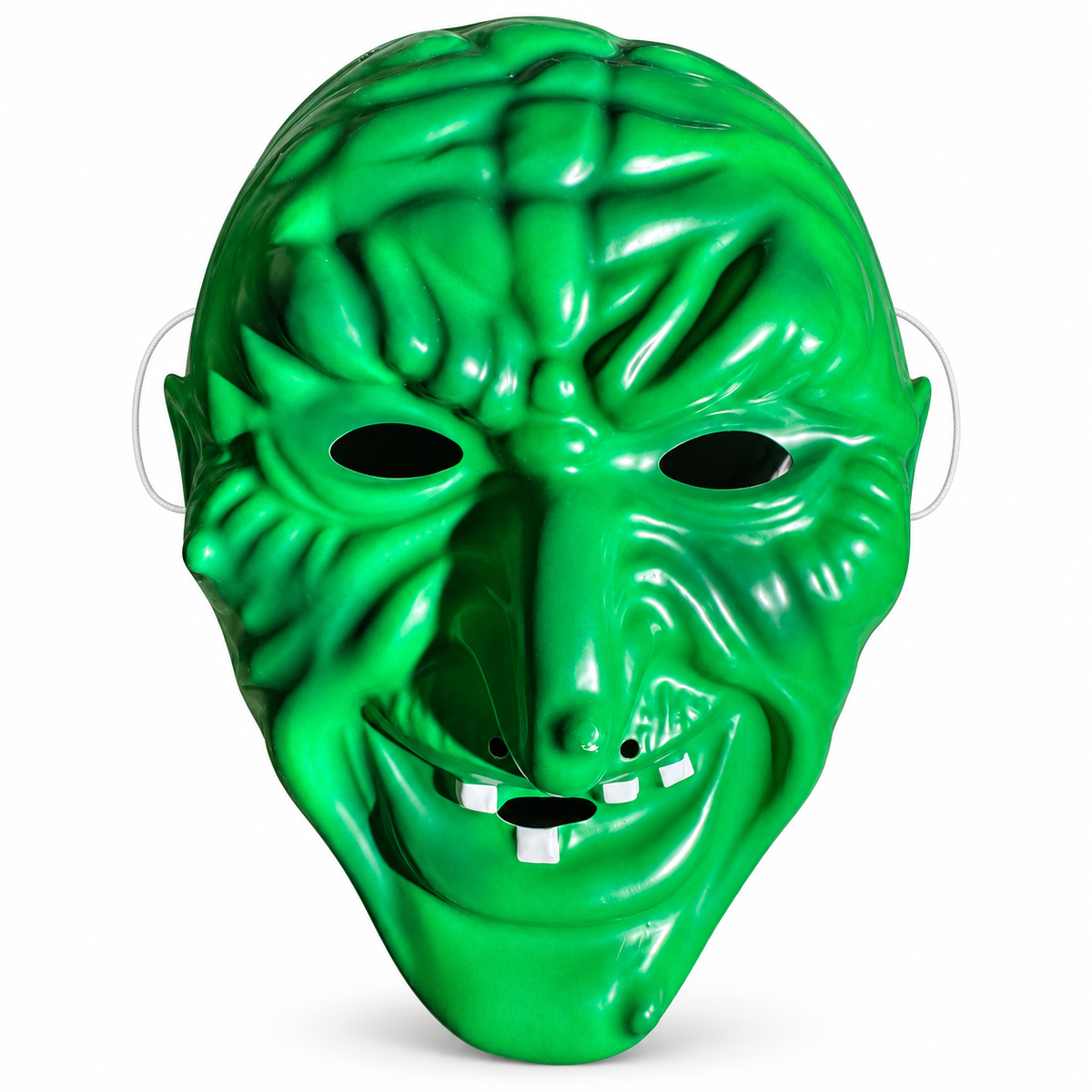 Masque de monstre vert brillant au front bosselé avec oreilles pointues, long nez et dents blanches