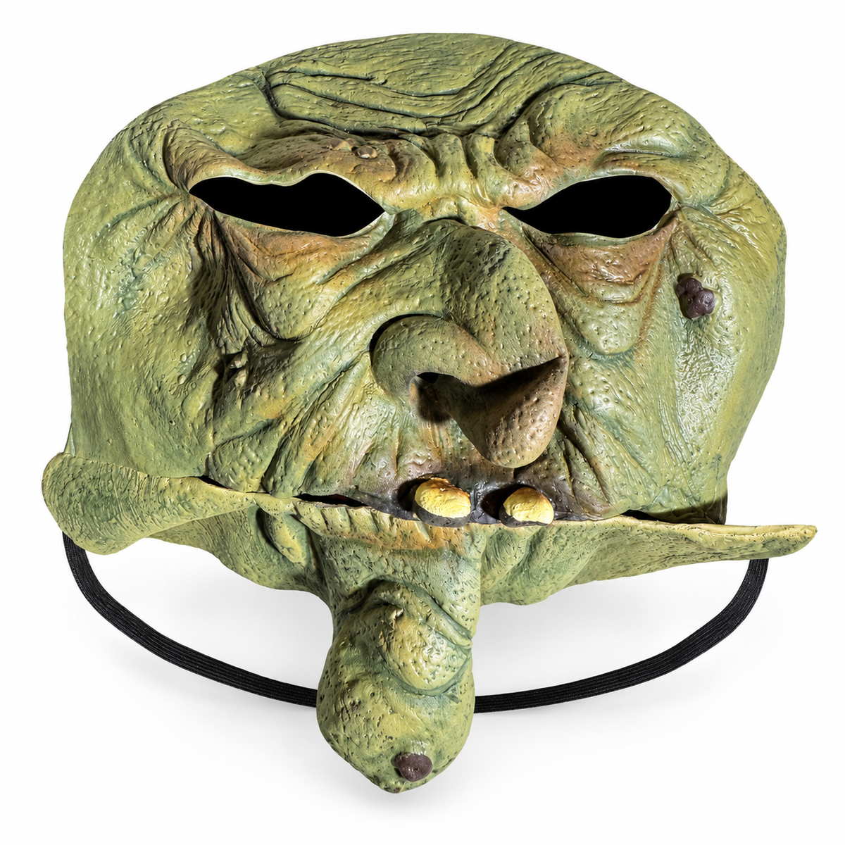 Masque de sorcière verte ridée avec grand nez crochu, verrues, deux dents jaunes et long menton