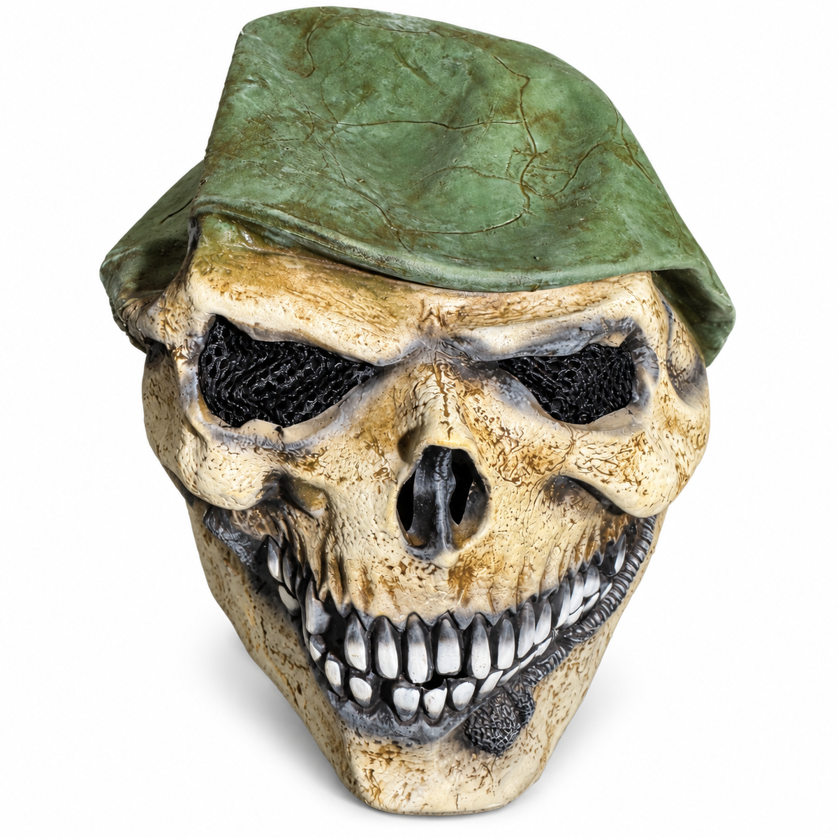 Masque de squelette soldat beige vieilli avec filet noir devant les yeux et calot militaire vert