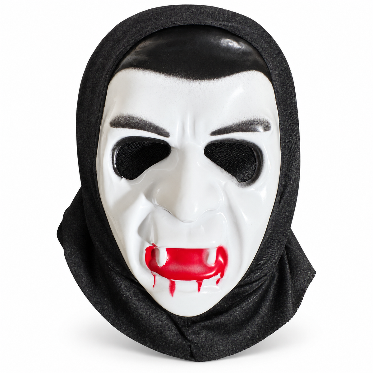 Masque de vampire au visage blanc avec cheveux noirs, crocs, bouche rouge et capuche noire
