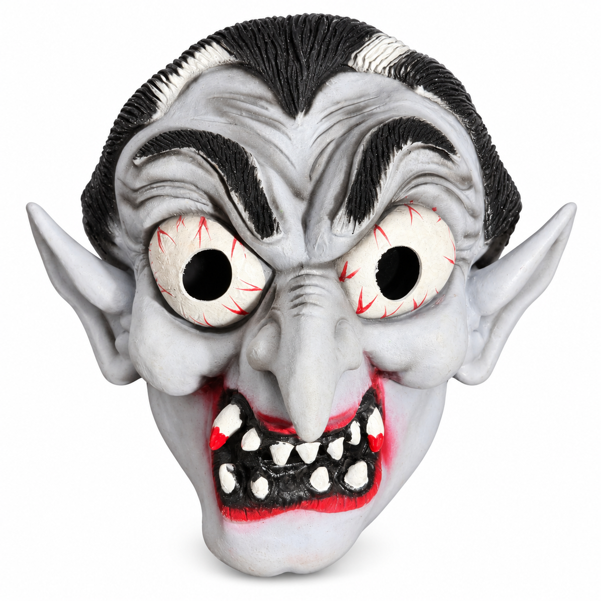 Masque de vampire gris caricatural avec grands yeux veinés, oreilles pointues et crocs