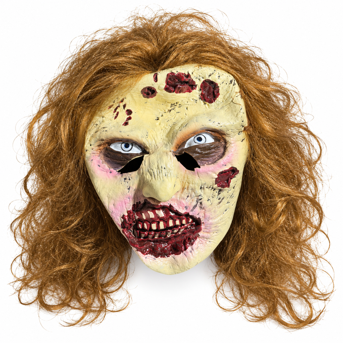 Masque de zombie jaune pâle avec longs cheveux châtains, faux yeux bleus et dents apparentes